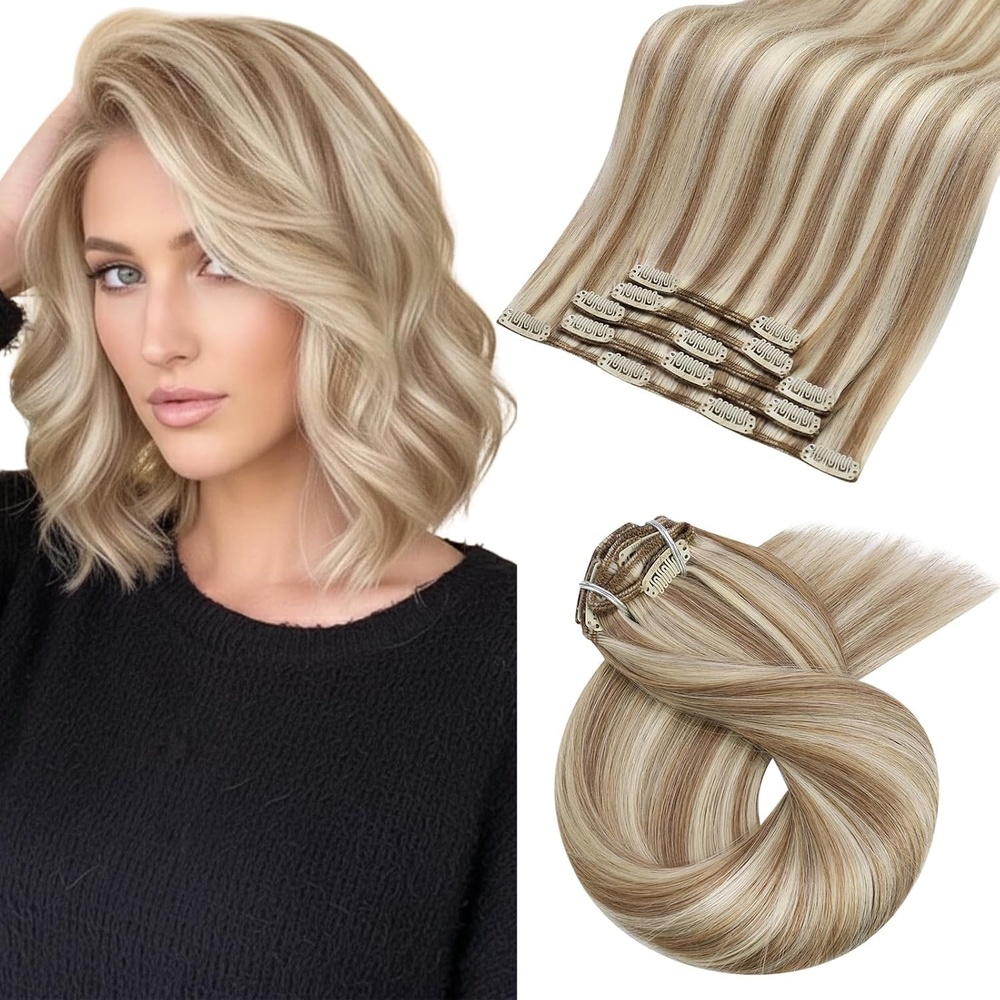 image:imageMoresoo Clip in Hair Extensions Copper Orange Human Hair 20 inch 120g P9A60 Highlights Light Ash Brown with Light Blonde