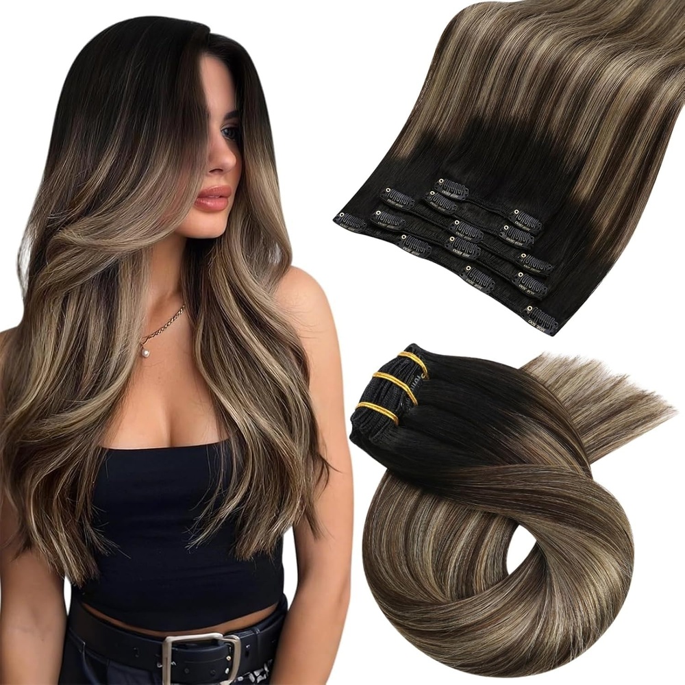 image:imageMoresoo Clip in Hair Extensions Copper Orange Human Hair 20 inch 120g1B414 Balayage Black to Dark Brown with Soft Taupe Beige