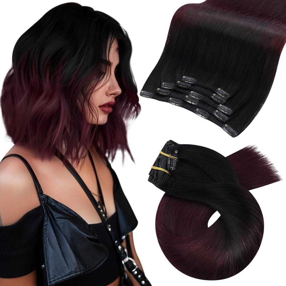 image:imageMoresoo Clip in Hair Extensions Copper Orange Human Hair 20 inch 120g1B99J Balayage Black to Burgundy