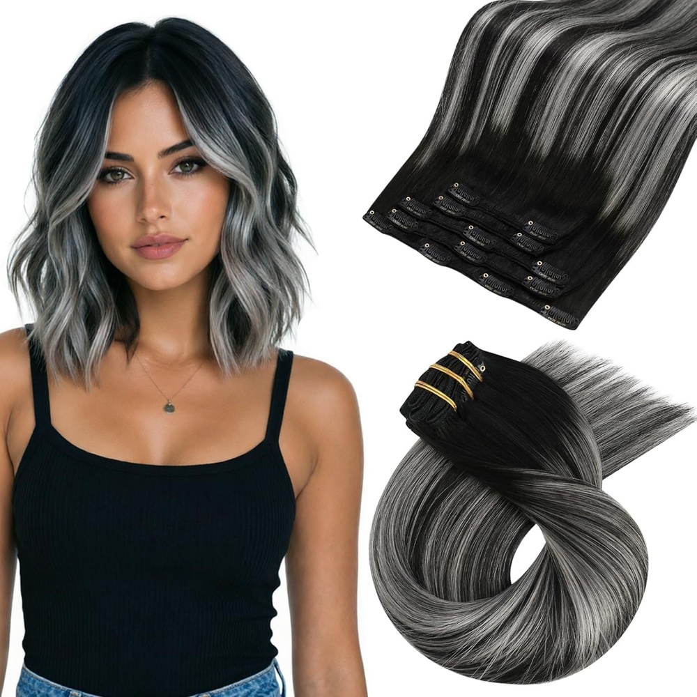 image:imageMoresoo Clip in Hair Extensions Copper Orange Human Hair 20 inch 120g1BSilver1B Balayage Black to Silver Grey