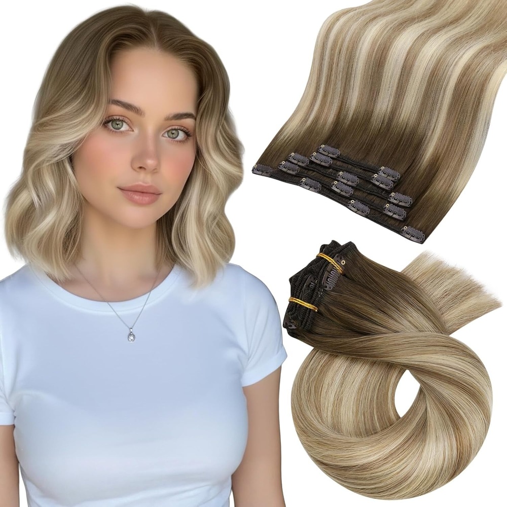 image:imageMoresoo Clip in Hair Extensions Copper Orange Human Hair 20 inch 120g3822 Balayage Dark Mocha Brown to Light Brown with Light Blonde
