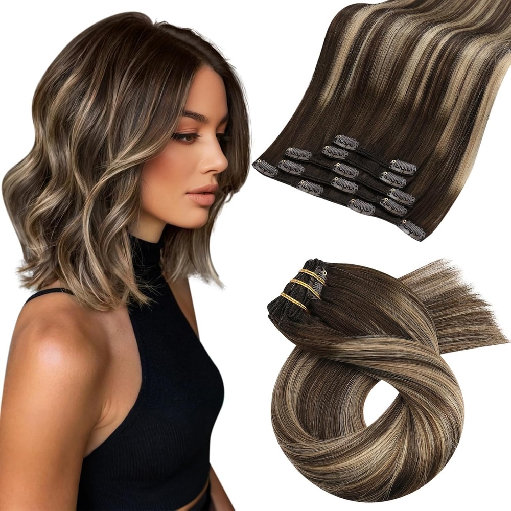 image:imageMoresoo Clip in Hair Extensions Copper Orange Human Hair 20 inch 120g4274 Balayage Dark Brown to Caramel Blonde