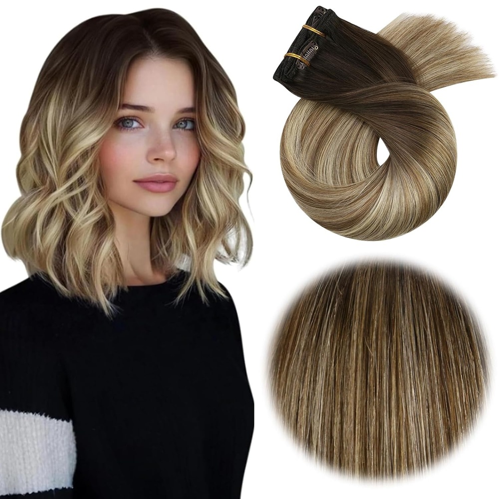 image:imageMoresoo Clip in Hair Extensions Copper Orange Human Hair 20 inch 120g46613 Balayage Dark Brown to Light Brown with Bleach Blonde