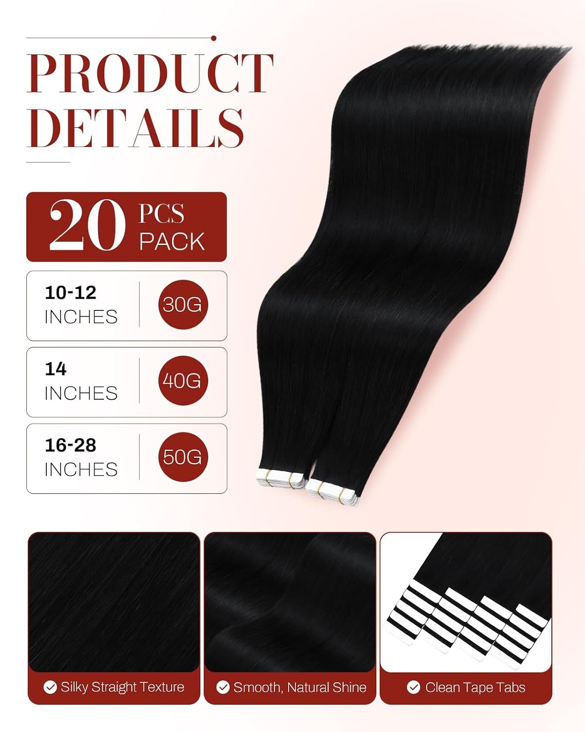 image:imageMoresoo Black Hair Extensions 16in Clip In and 18in Tape In 27 Pieces