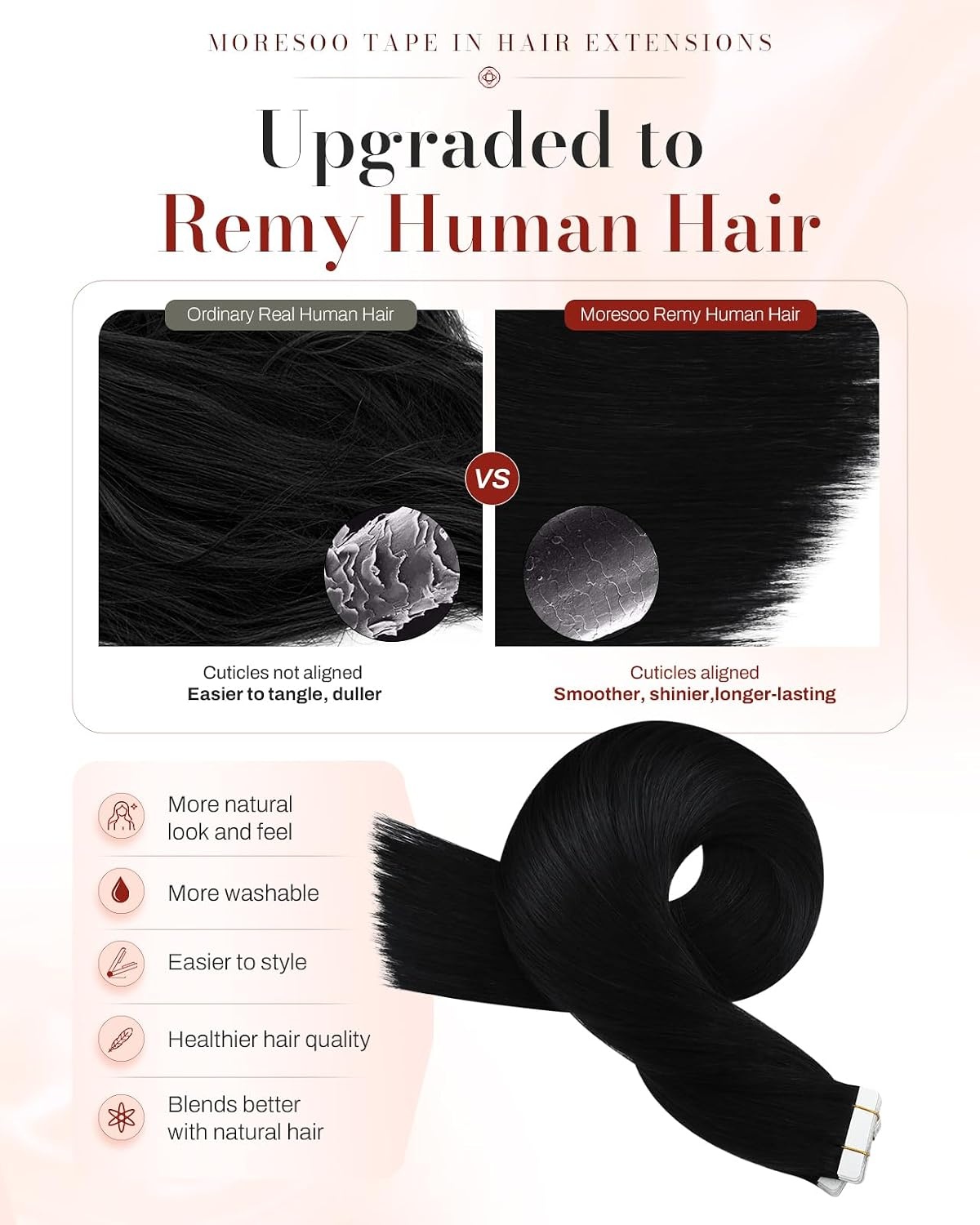 image:imageMoresoo Black Hair Extensions 16in Clip In and 18in Tape In 27 Pieces