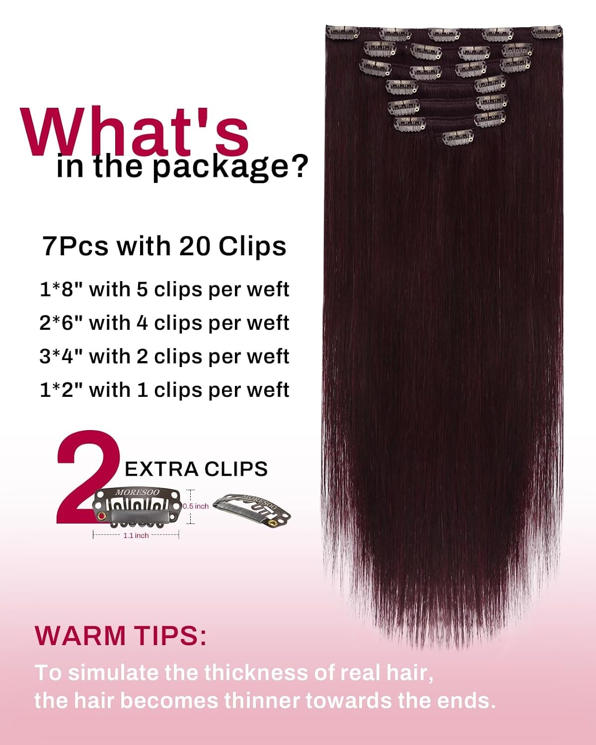 image:imageMoresoo Jet Black Burgundy Clip ins 28in 180g and 24in 120g Bundle