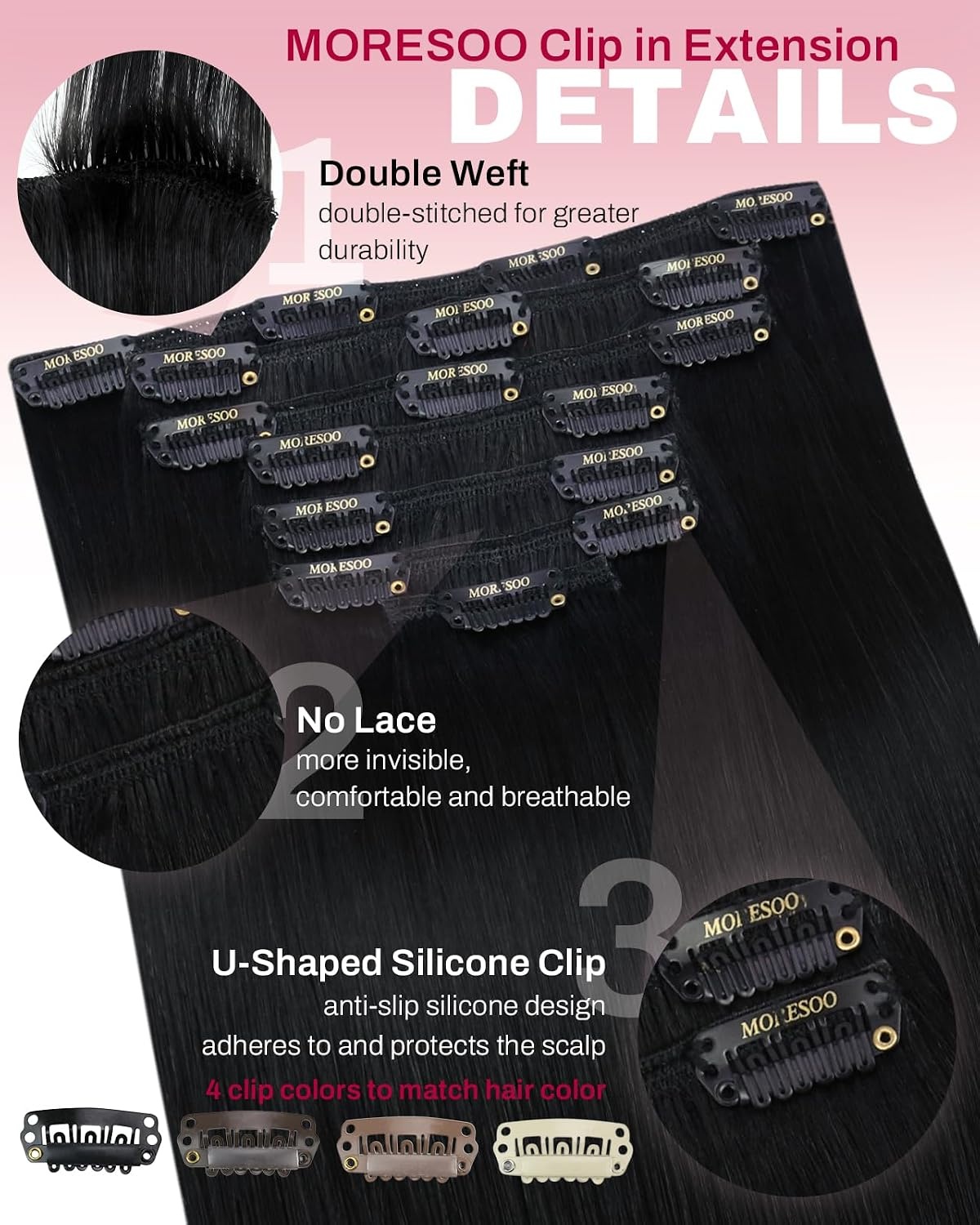 image:imageMoresoo Jet Black Burgundy Clip ins 28in 180g and 24in 120g Bundle