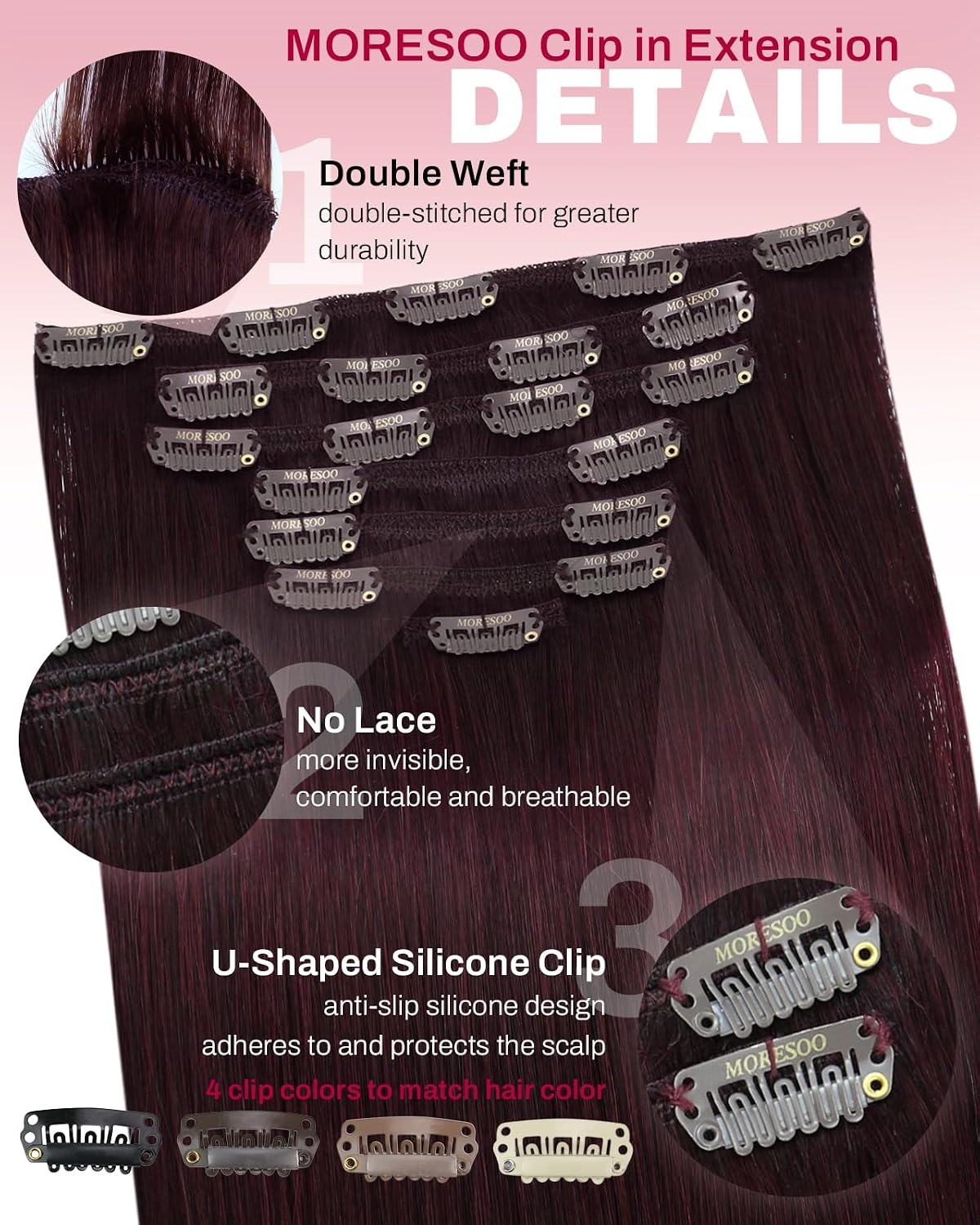image:imageMoresoo Jet Black Burgundy Clip ins 28in 180g and 24in 120g Bundle