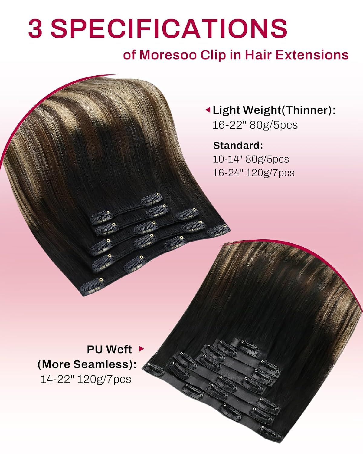 image:imageMoresoo Natural Black Balayage Clip ins 10in 80g and 14in 80g Bundle
