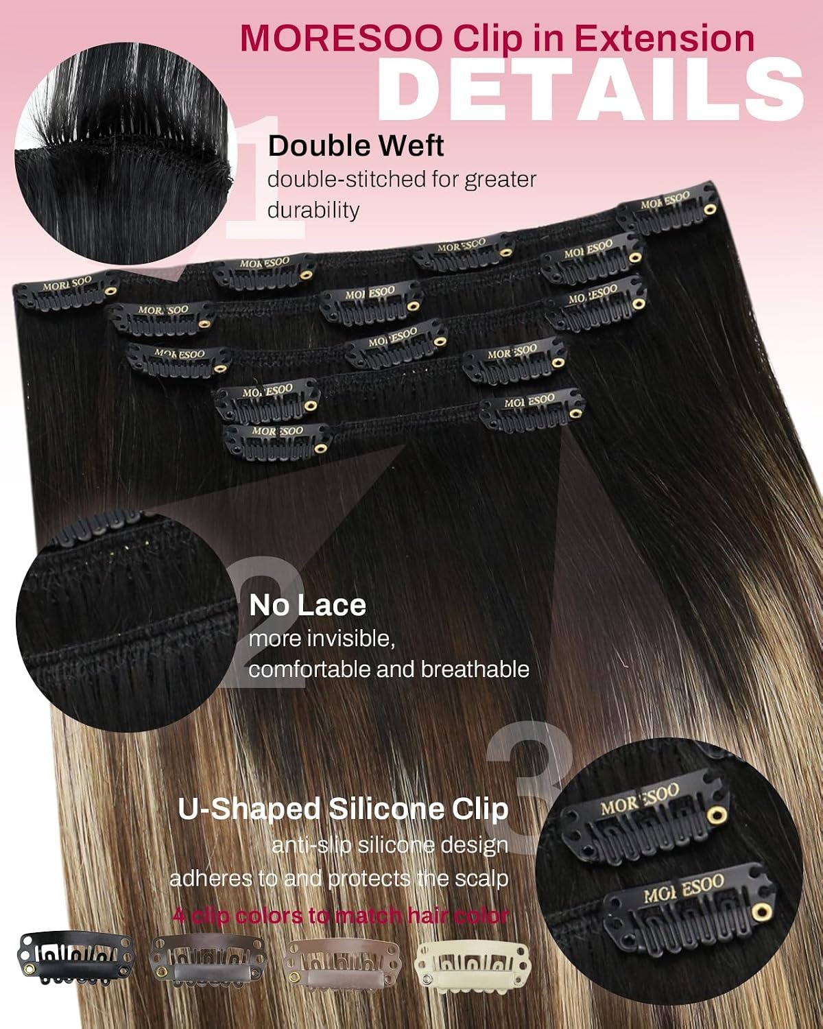 image:imageMoresoo Natural Black Balayage Clip ins 10in 80g and 14in 80g Bundle