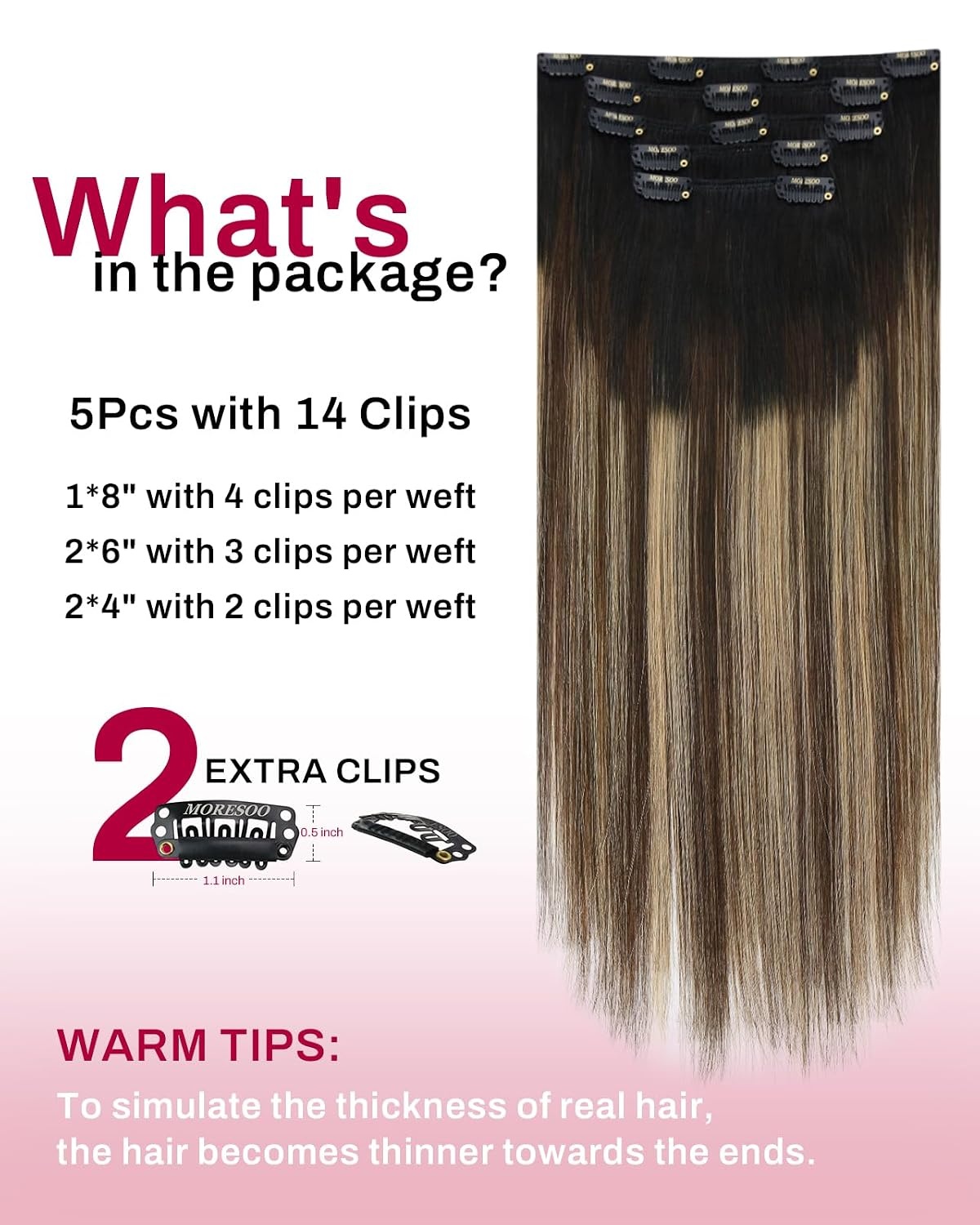image:imageMoresoo Natural Black Balayage Clip ins 10in 80g and 14in 80g Bundle