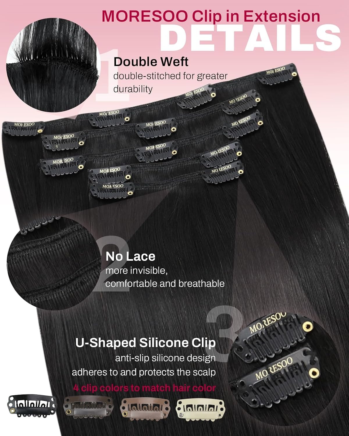 image:imageMoresoo Natural Black Medium Brown Clip ins 12in 80g and 12in 80g Bundle
