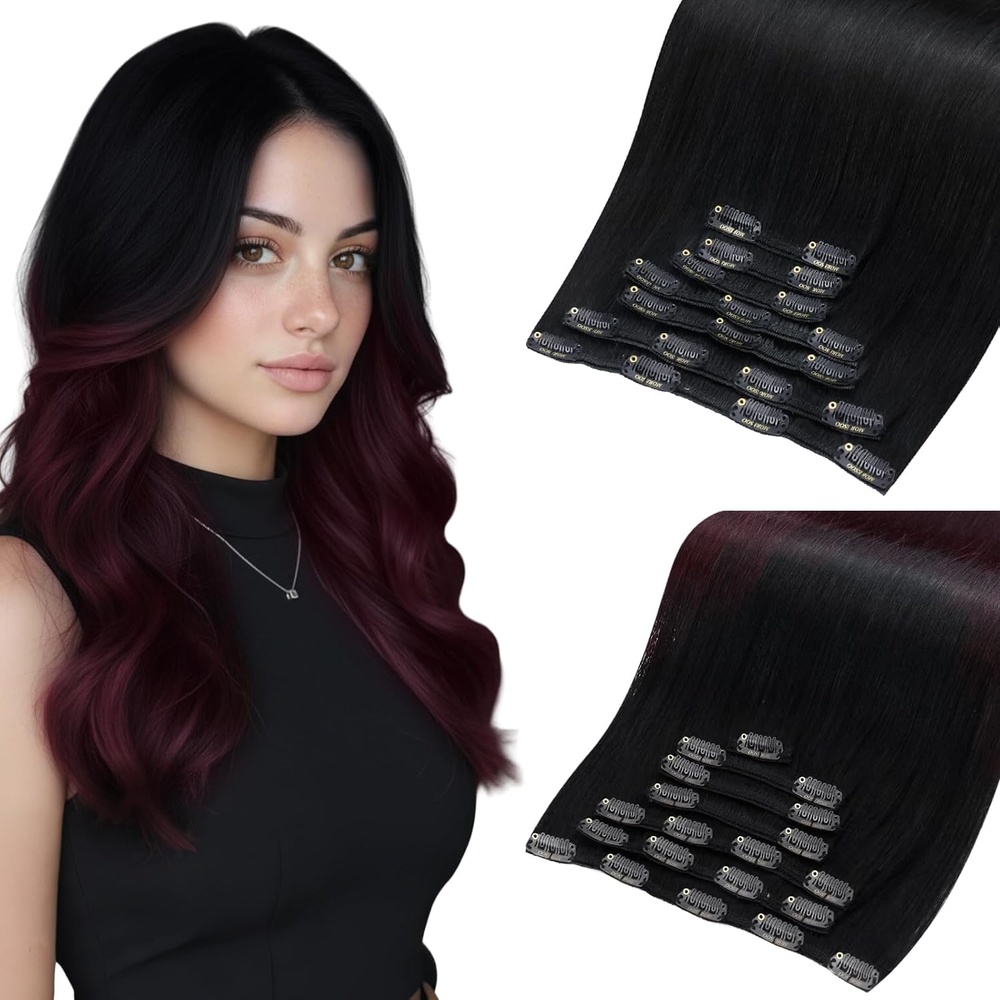 image:imageMoresoo Black Burgundy Red Balayage Clip ins 28in 200g and 24in 120g Bundle