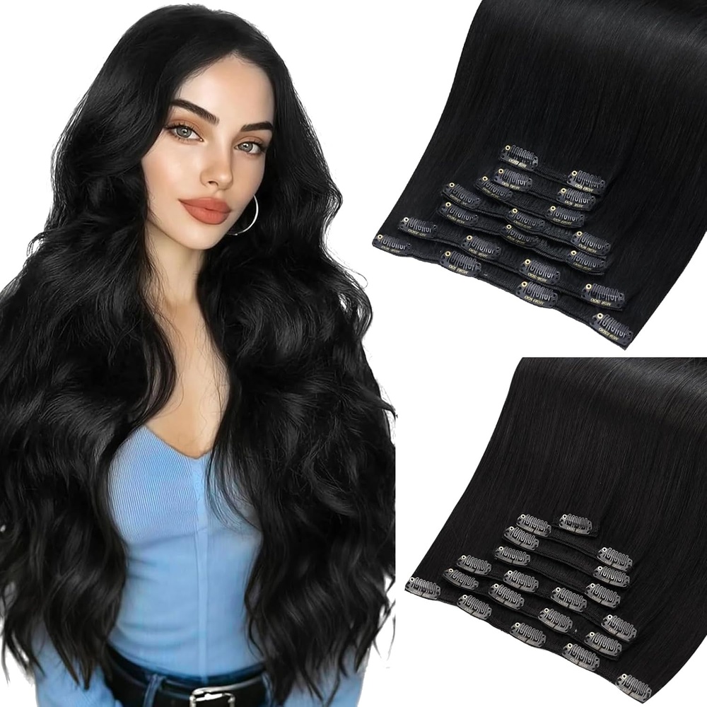 image:imageMoresoo Blue Black Natural Black Clip ins 28in 160g and 24in 120g Bundle