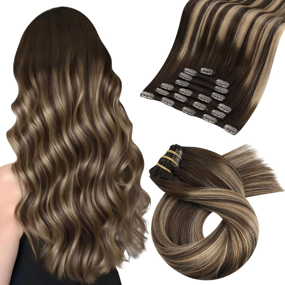 image:imageMoresoo Dark Brown Caramel Balayage Clip in Human Hair Extensions 18in 120g