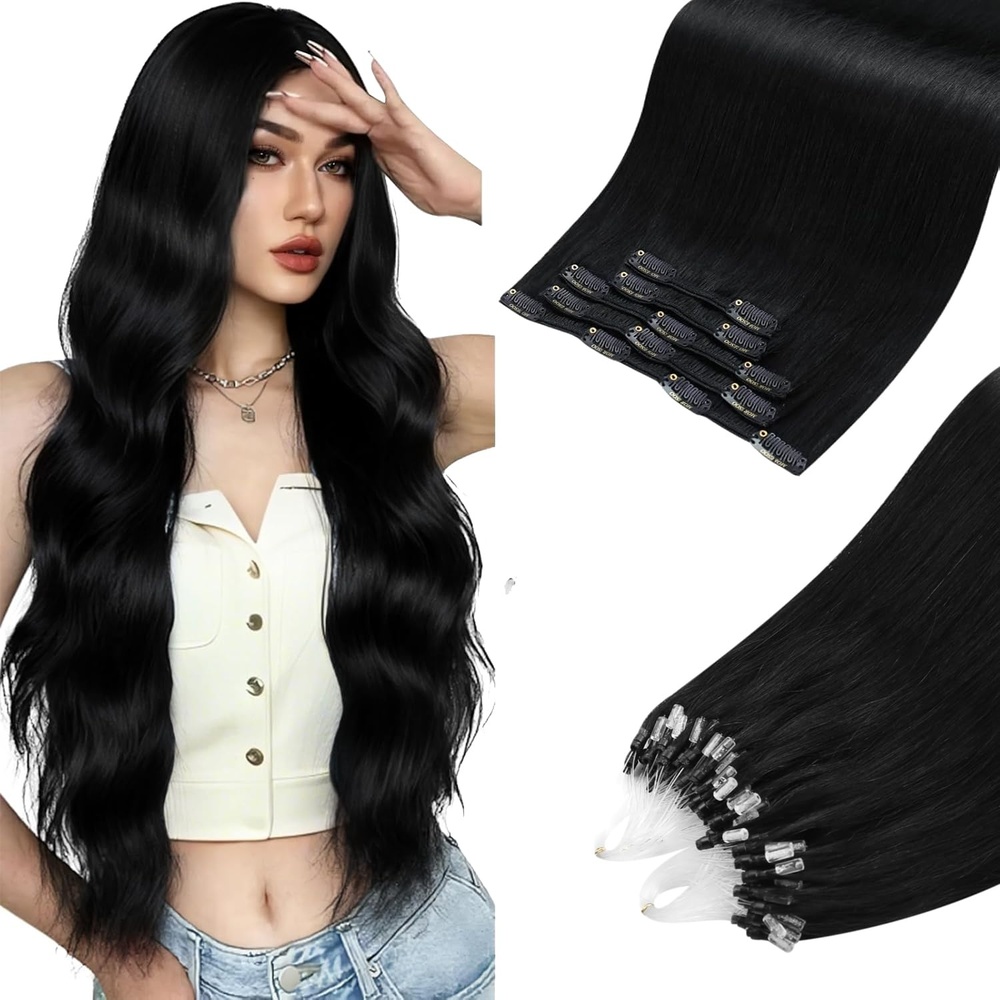 image:imageMoresoo Jet Black 26in 160g Clip Ins and 24in 50g Microlink Bundle