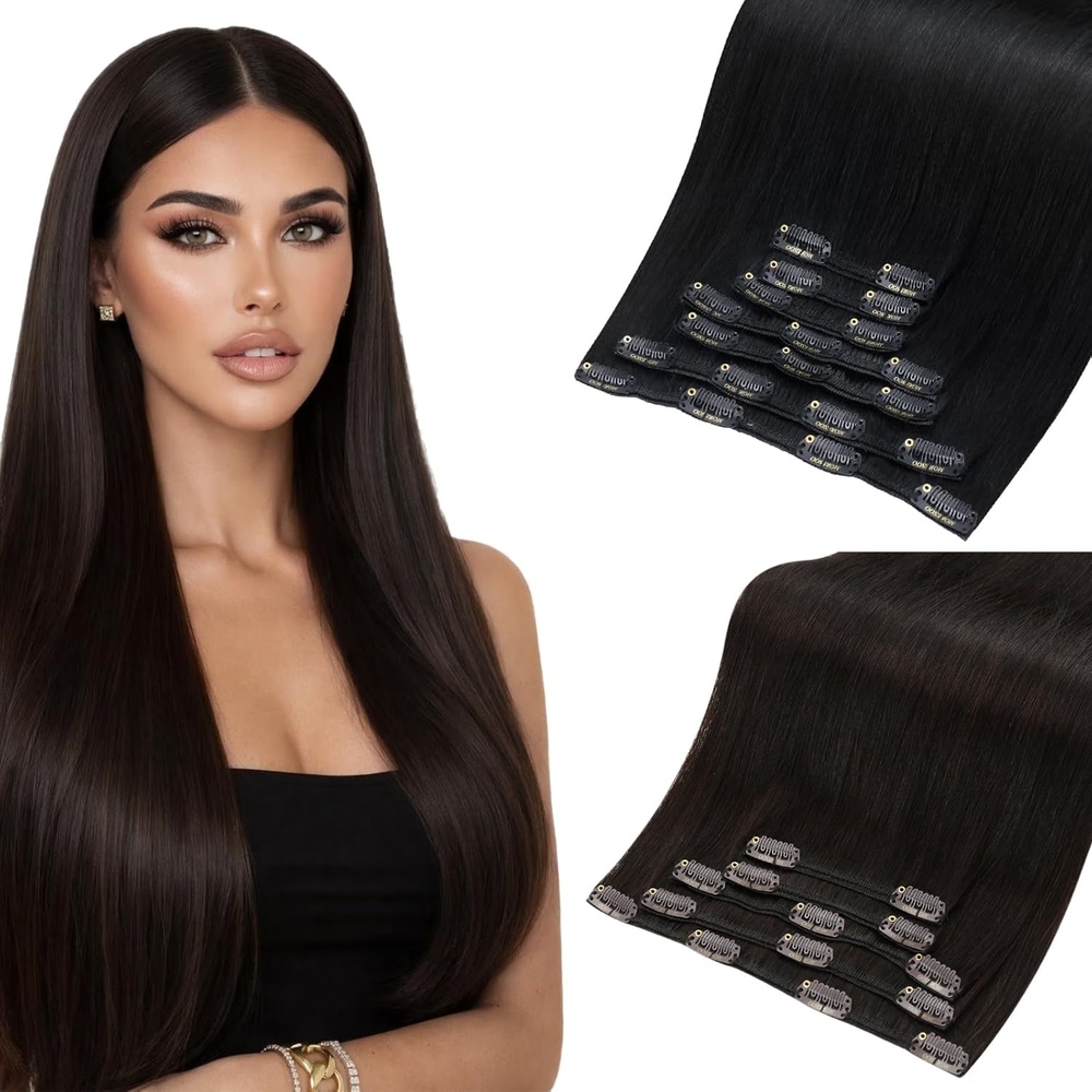 image:imageMoresoo Jet Black 26in 200g and Dark Brown 22in 80g Clip Ins Bundle