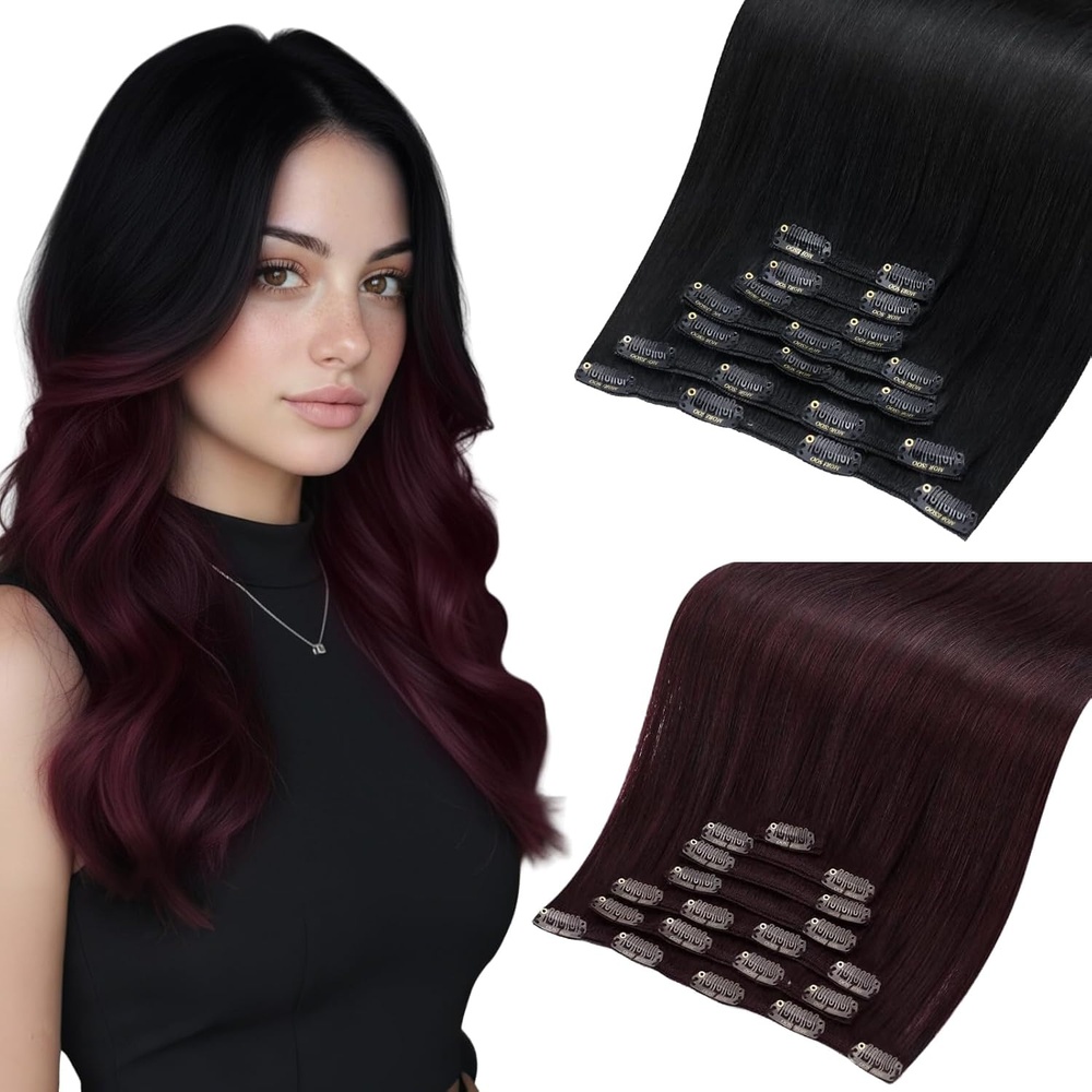 image:imageMoresoo Jet Black Burgundy Clip ins 28in 180g and 24in 120g Bundle
