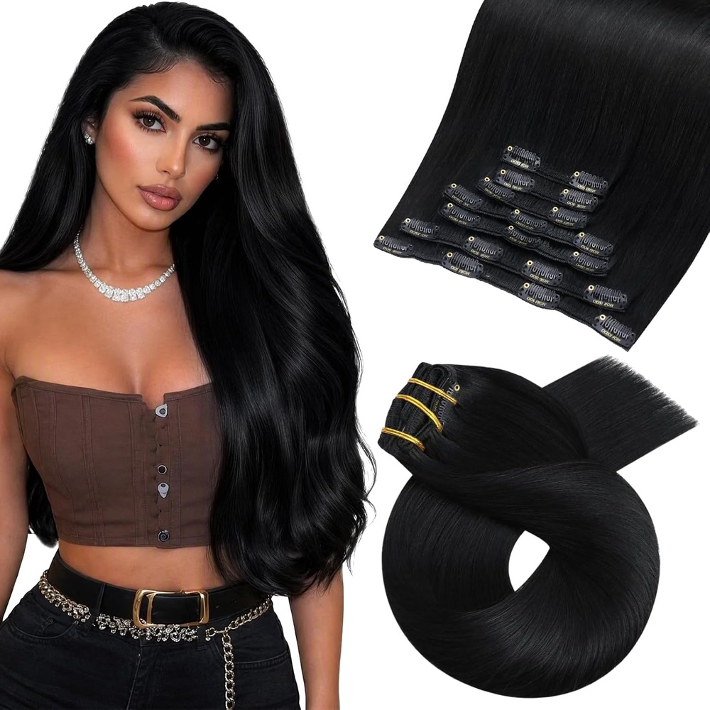 image:imageMoresoo Jet Black Clip Ins 26in 200g and 24in Remy 150g Bundle