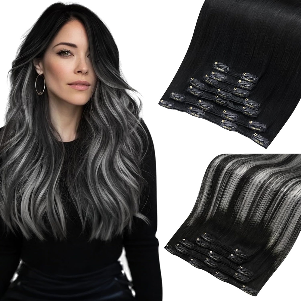 image:imageMoresoo Jet Black and Black Silver Grey Balayage Clip Ins Bundle
