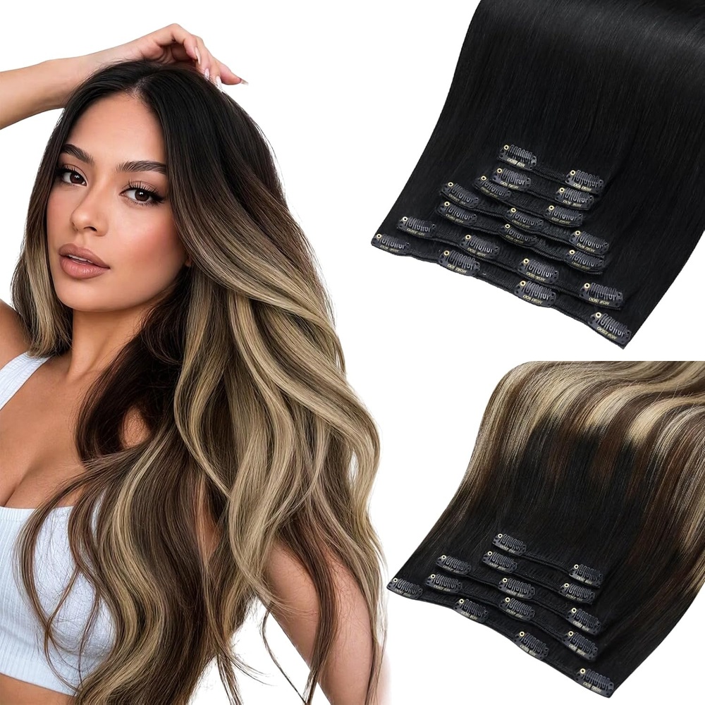 image:imageMoresoo Jet Black and Black to Brown Caramel Blonde Clip Ins Bundle