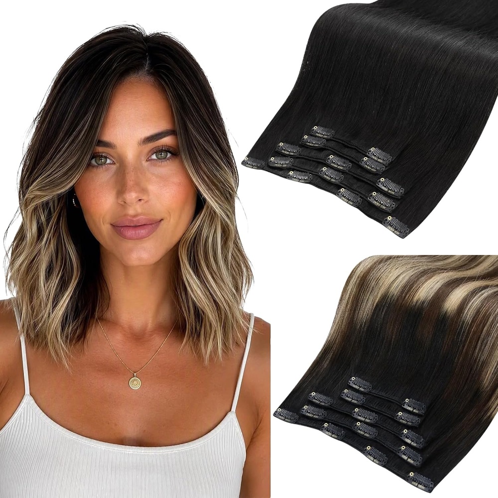 image:imageMoresoo Natural Black Balayage Clip ins 10in 80g and 14in 80g Bundle