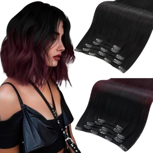 image:imageMoresoo Natural Black Burgundy Balayage Clip ins 10in 80g Bundle