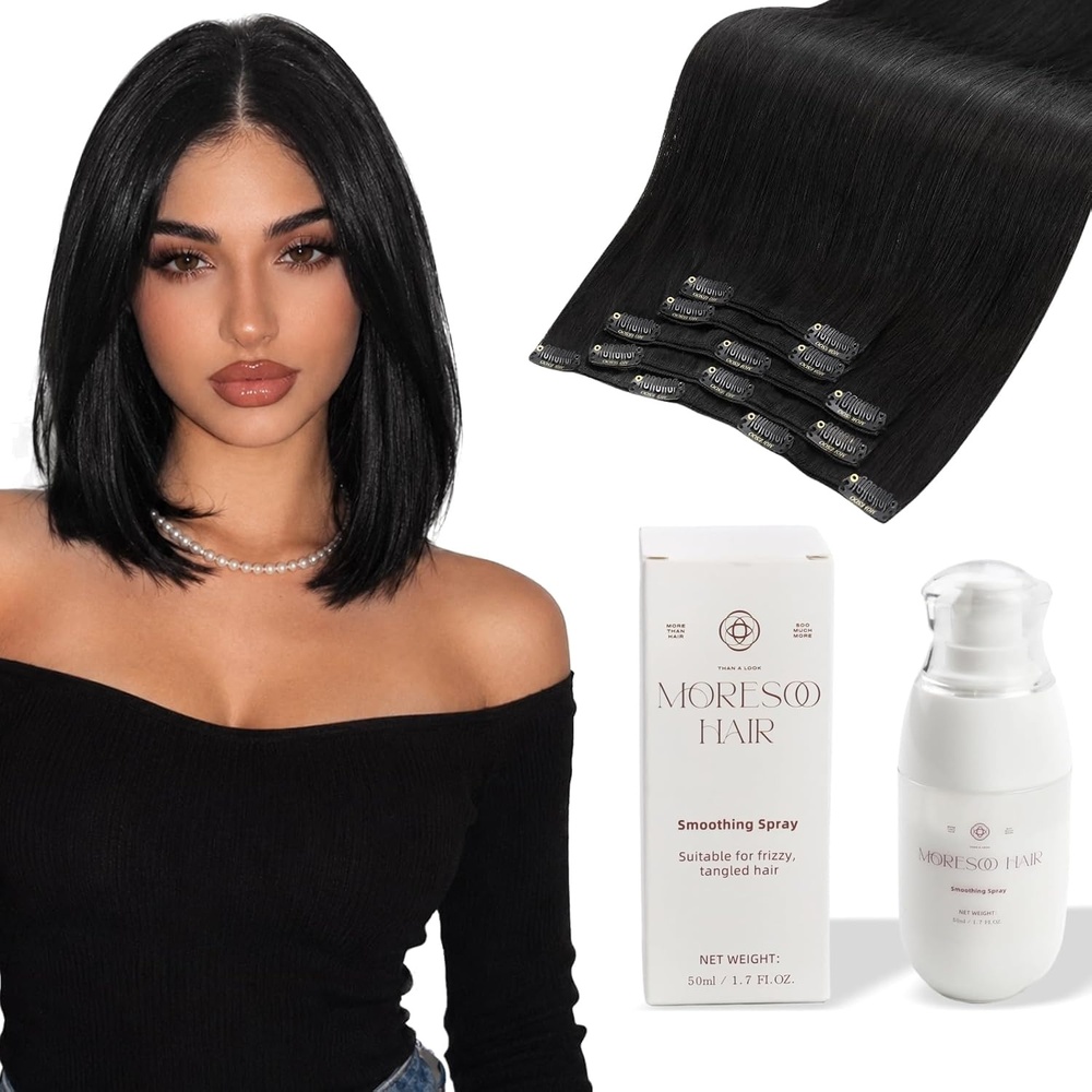 image:imageMoresoo Natural Black Clip ins 12in 80g with Hair Smoothing Spray Bundle