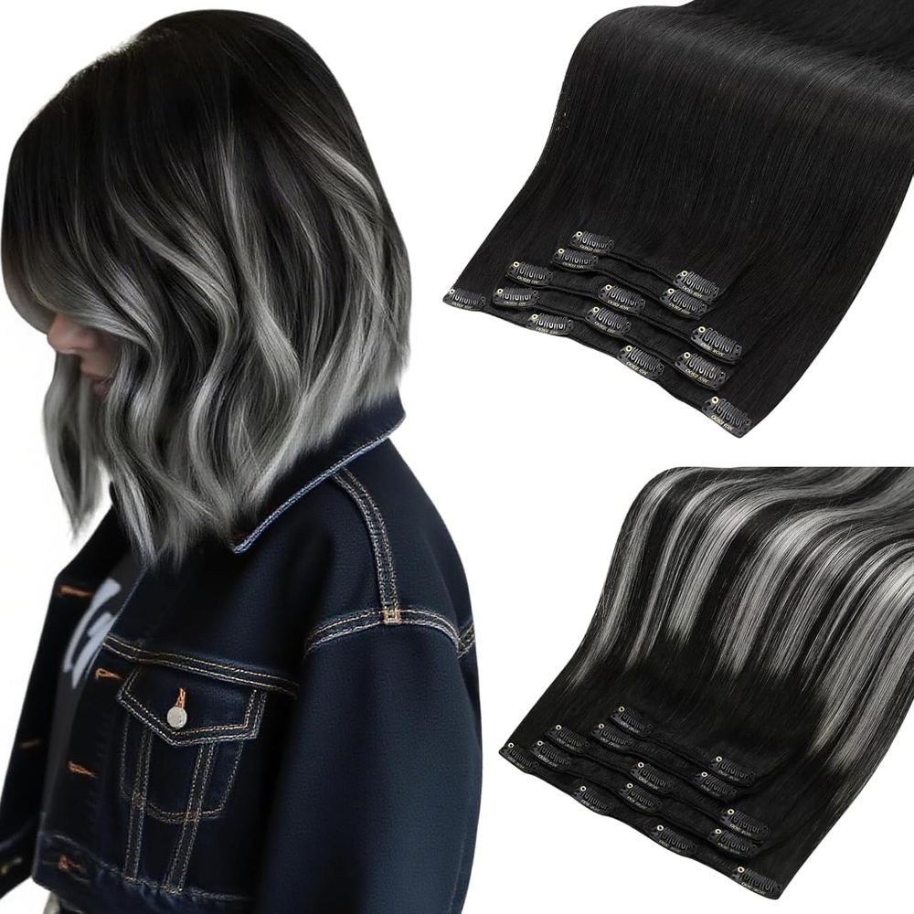 image:imageMoresoo Natural Black Silver Ombre Clip ins 12in 80g and 10in 80g Bundle