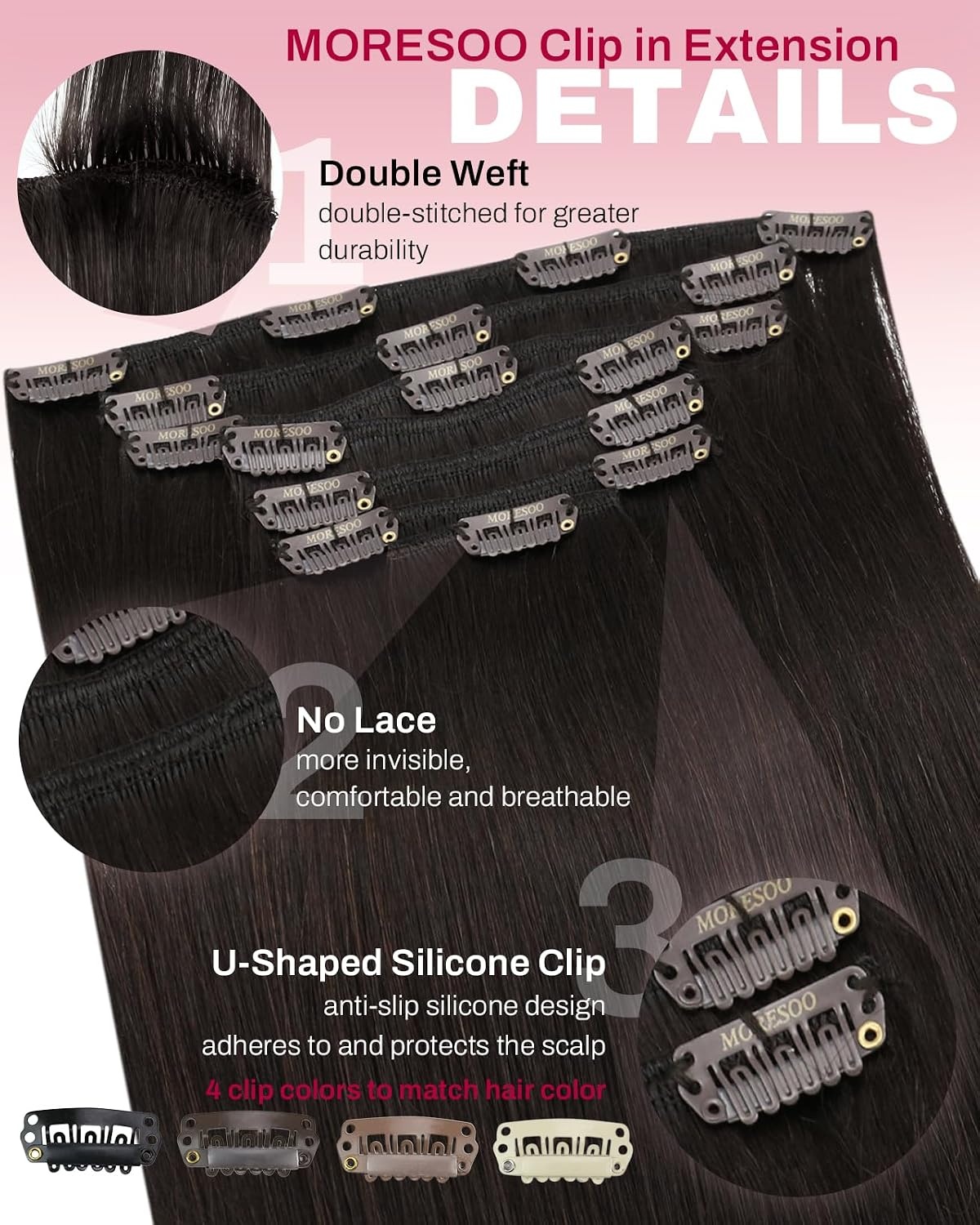 image:imageMoresoo Jet Black Dark Brown Clip ins 28in 200g and 28in 160g Bundle