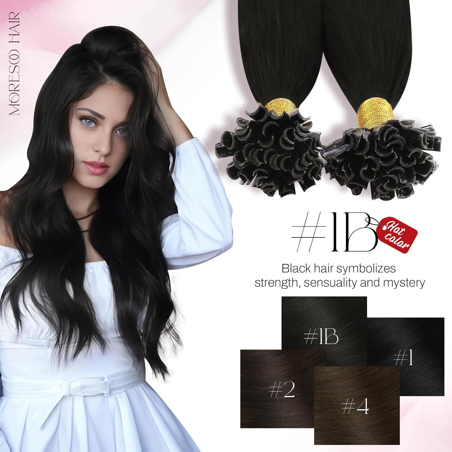 image:imageMoresoo K Tip Hair Extensions Real Human Hair Natural Black 16 Inch