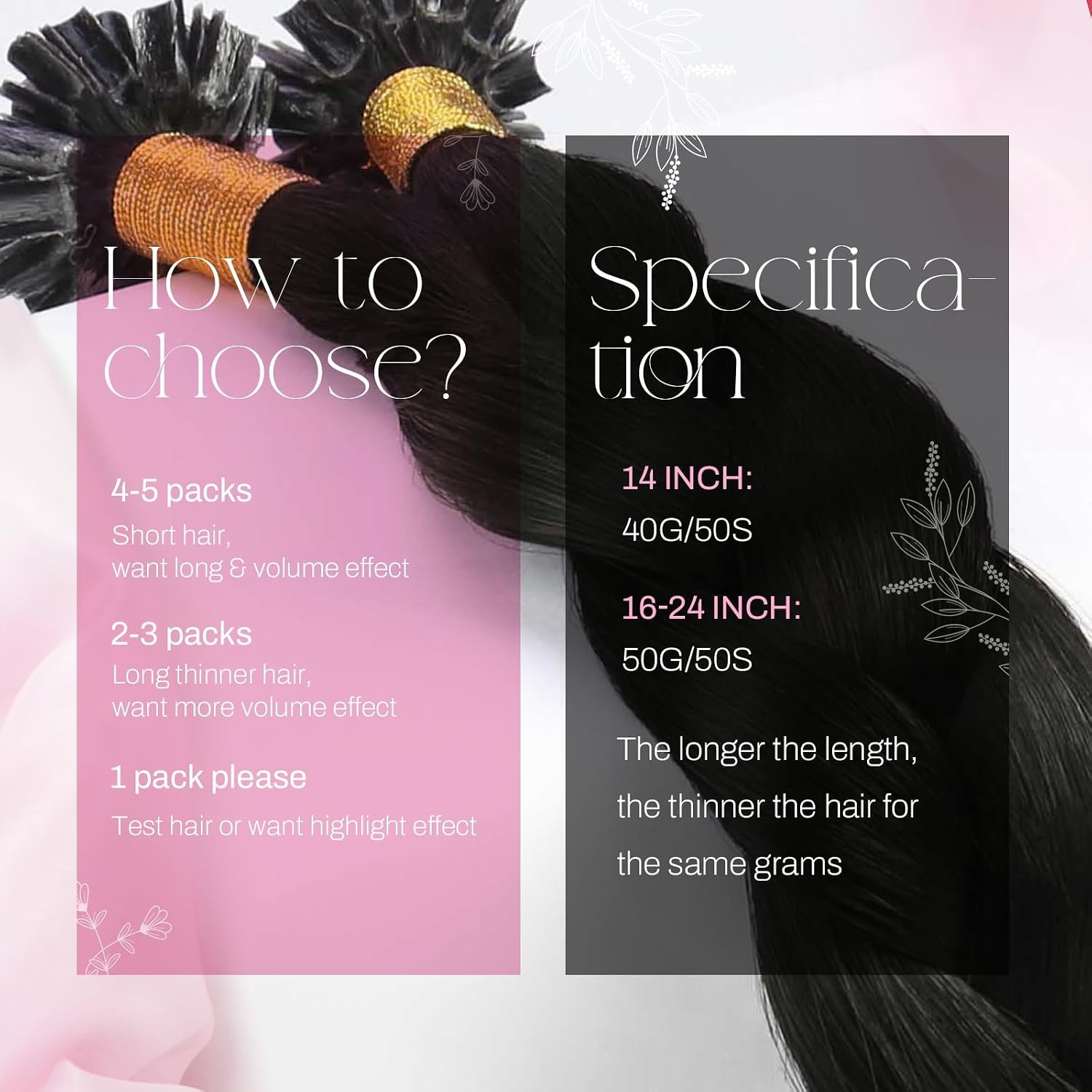 image:imageMoresoo K Tip Hair Extensions Real Human Hair Natural Black 16 Inch