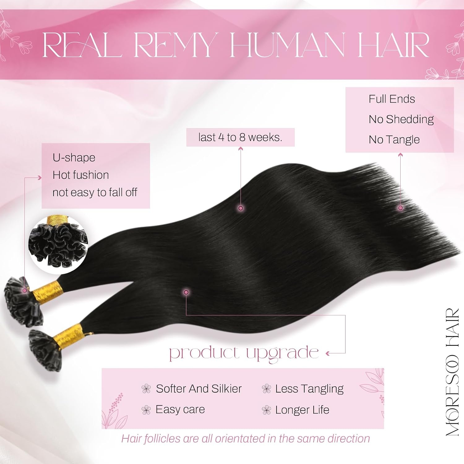 image:imageMoresoo K Tip Hair Extensions Real Human Hair Natural Black 16 Inch
