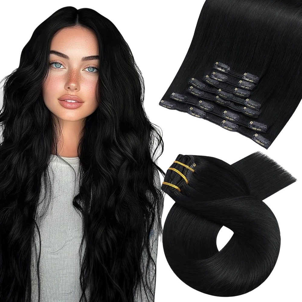 image:imageMoresoo Jet Black Blue Black Clip ins 28in 180g and 26in 160g Bundle