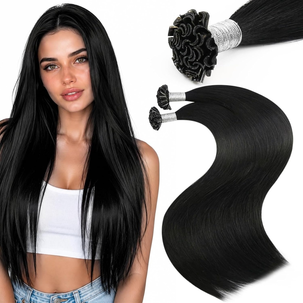 image:imageMoresoo K Tip Hair Extensions Real Human Hair Natural Black 16 Inch