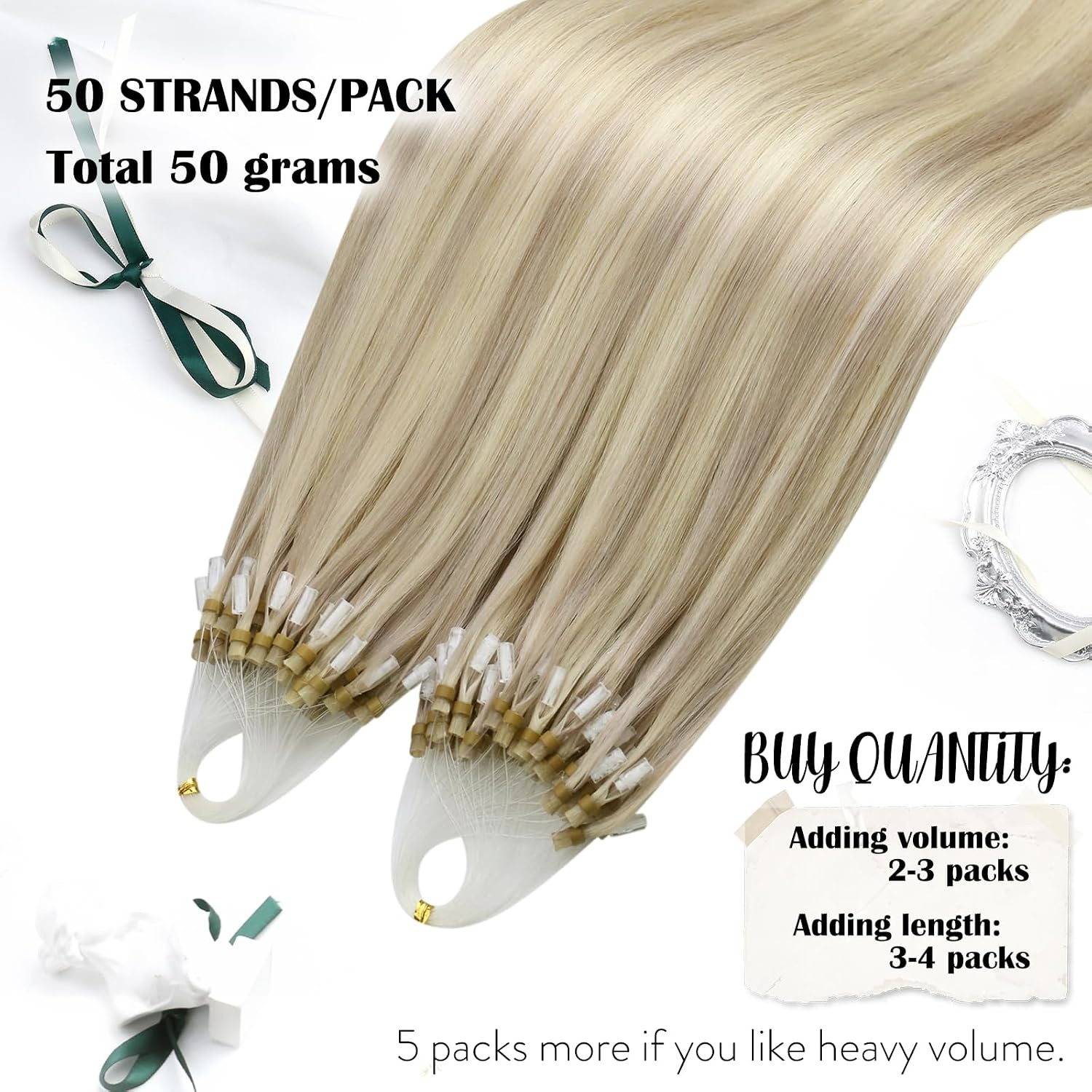 image:imageMoresoo 100g Micro Bead Hair Extensions Real Human Hair Bundle Nano Bead Hair Extensions Human Hair Ash Blonde Highlight Bleach Blonde 18613 14 inch