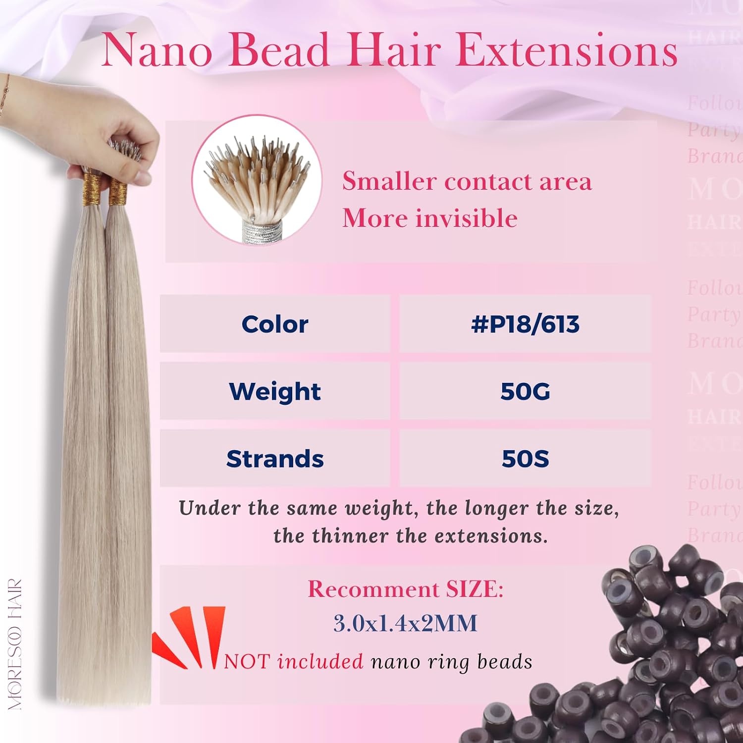 image:imageMoresoo 100g Micro Bead Hair Extensions Real Human Hair Bundle Nano Bead Hair Extensions Human Hair Ash Blonde Highlight Bleach Blonde 18613 14 inch