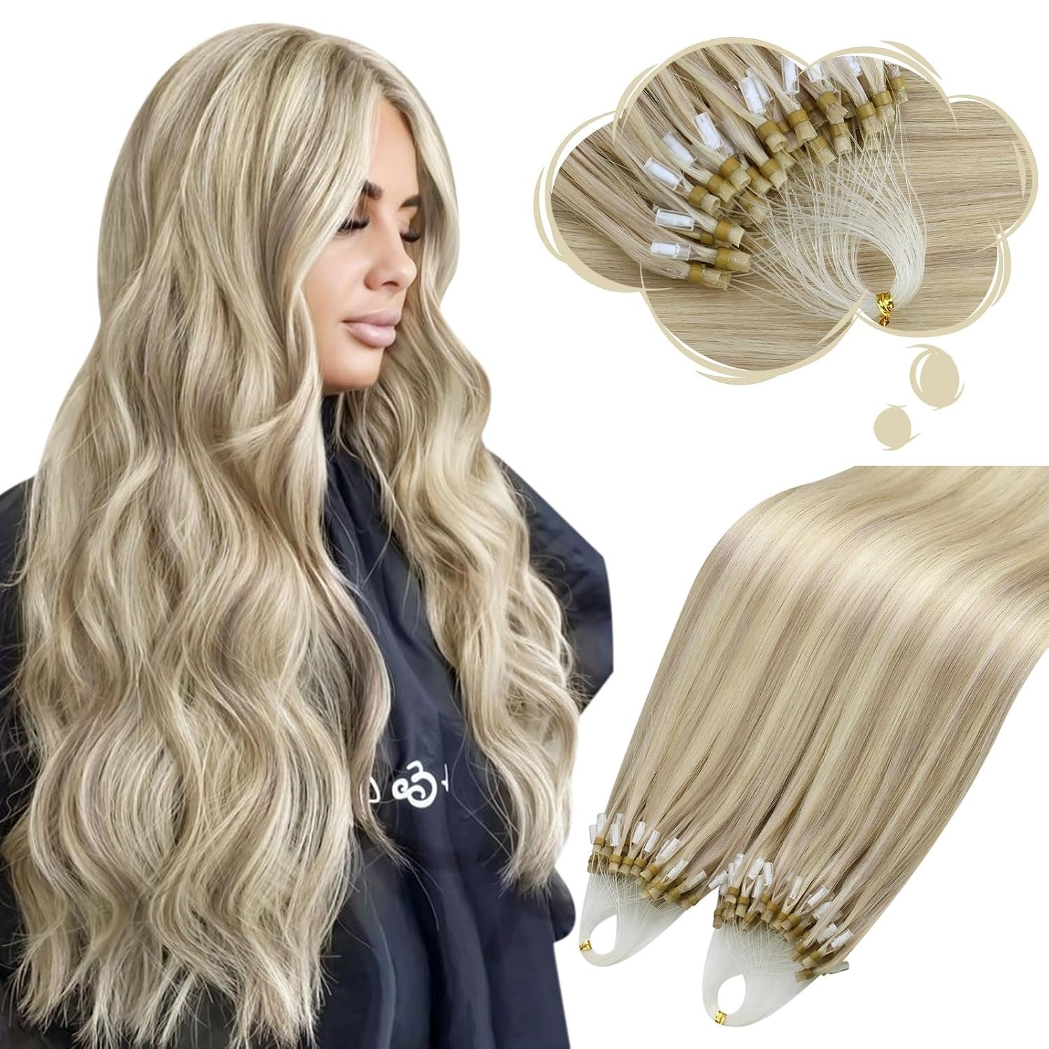 image:imageMoresoo 100g Micro Bead Hair Extensions Real Human Hair Bundle Nano Bead Hair Extensions Human Hair Ash Blonde Highlight Bleach Blonde 18613 14 inch