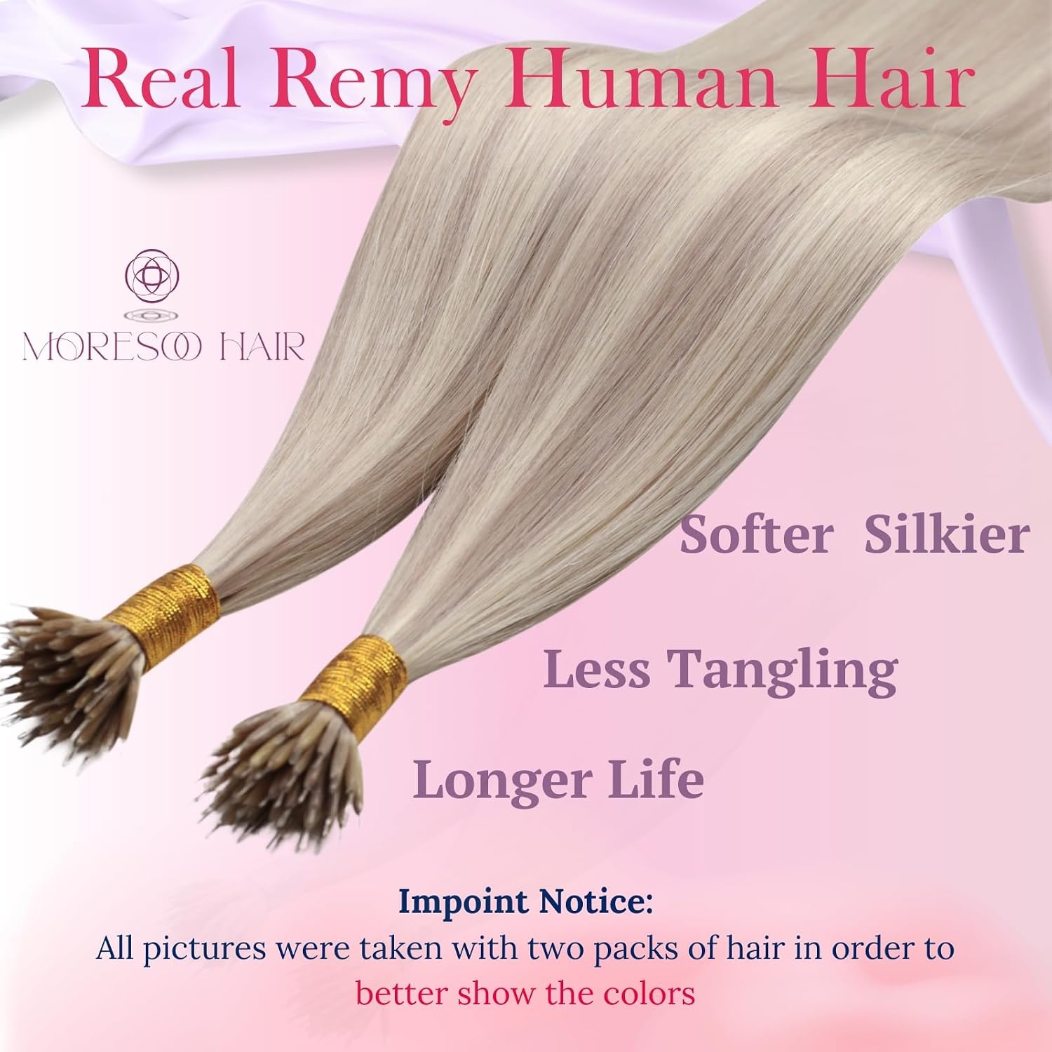 image:imageMoresoo 100g Micro Bead Hair Extensions Real Human Hair Bundle Nano Bead Hair Extensions Human Hair Ash Blonde Highlight Bleach Blonde 18613 14 inch