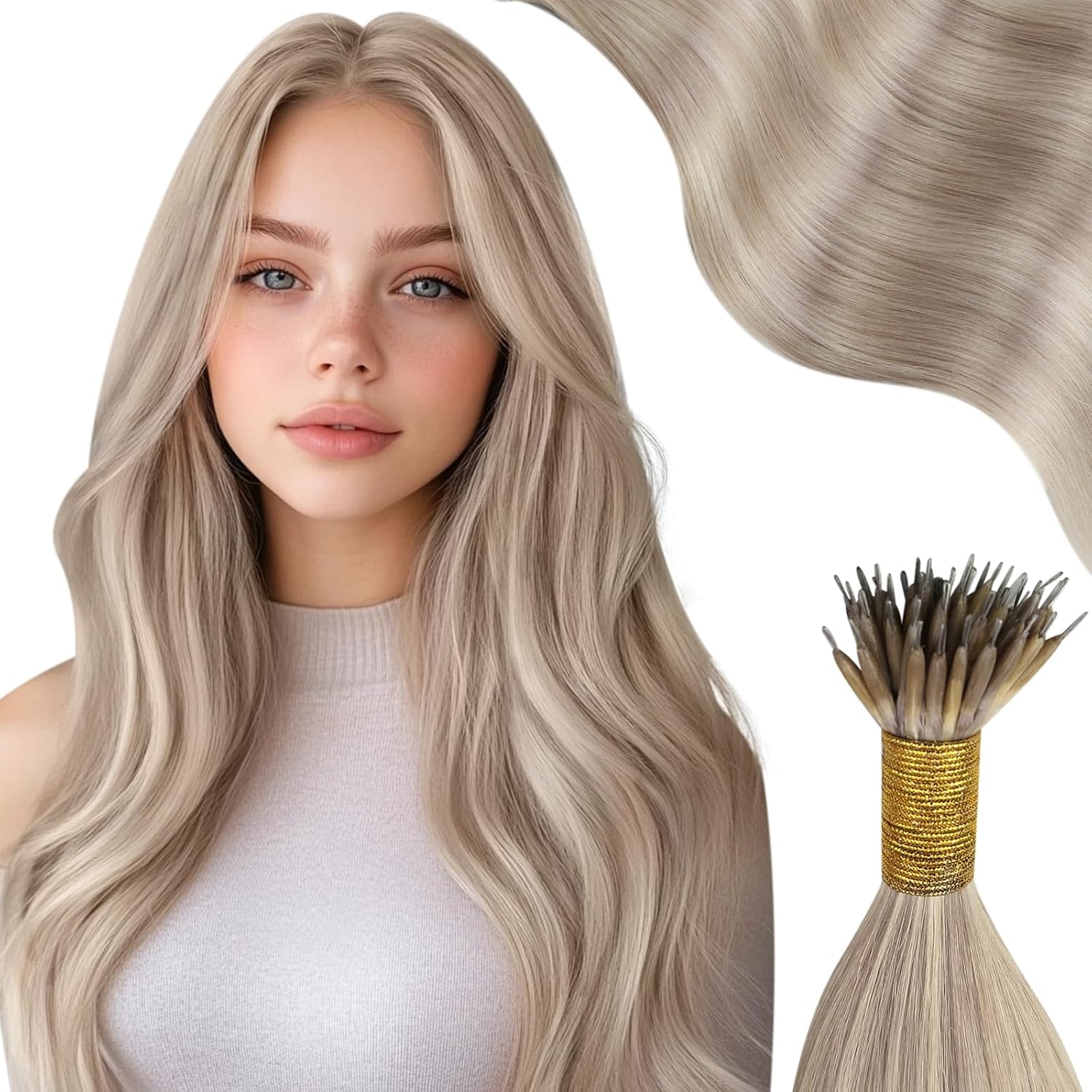 image:imageMoresoo 100g Micro Bead Hair Extensions Real Human Hair Bundle Nano Bead Hair Extensions Human Hair Ash Blonde Highlight Bleach Blonde 18613 14 inch