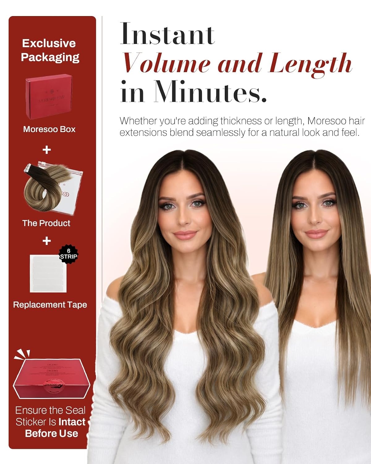 image:imageMoresoo Dark Brown Beige Blonde Tape Extensions with 36 Tape Tabs Bundle Dark brown and beige blonde human hair tape ins with 36 replacement tabs for partial volume flat placement and easy retaping