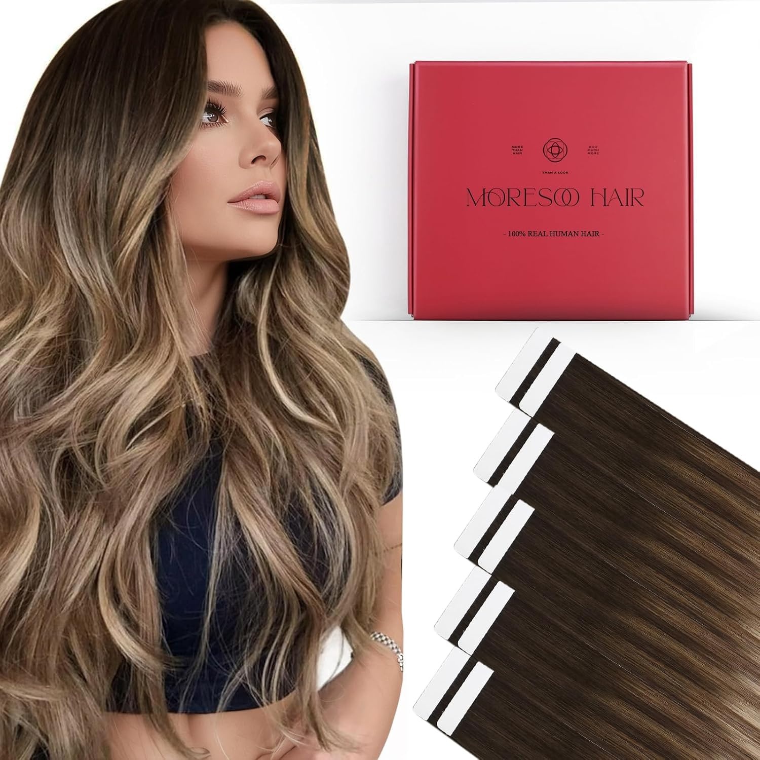 image:imageMoresoo Dark Brown Beige Blonde Tape Extensions with 36 Tape Tabs Bundle Dark brown and beige blonde human hair tape ins with 36 replacement tabs for partial volume flat placement and easy retaping