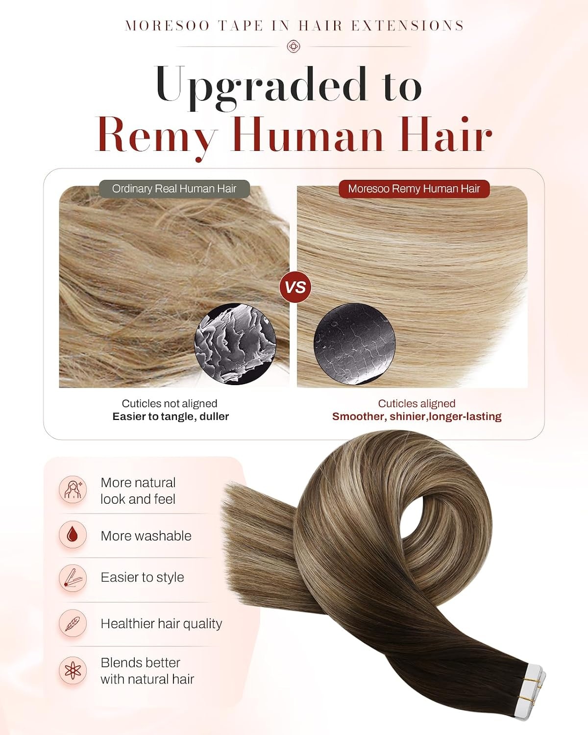 image:imageMoresoo Dark Brown Beige Blonde Tape Extensions with 36 Tape Tabs Bundle Dark brown and beige blonde human hair tape ins with 36 replacement tabs for partial volume flat placement and easy retaping