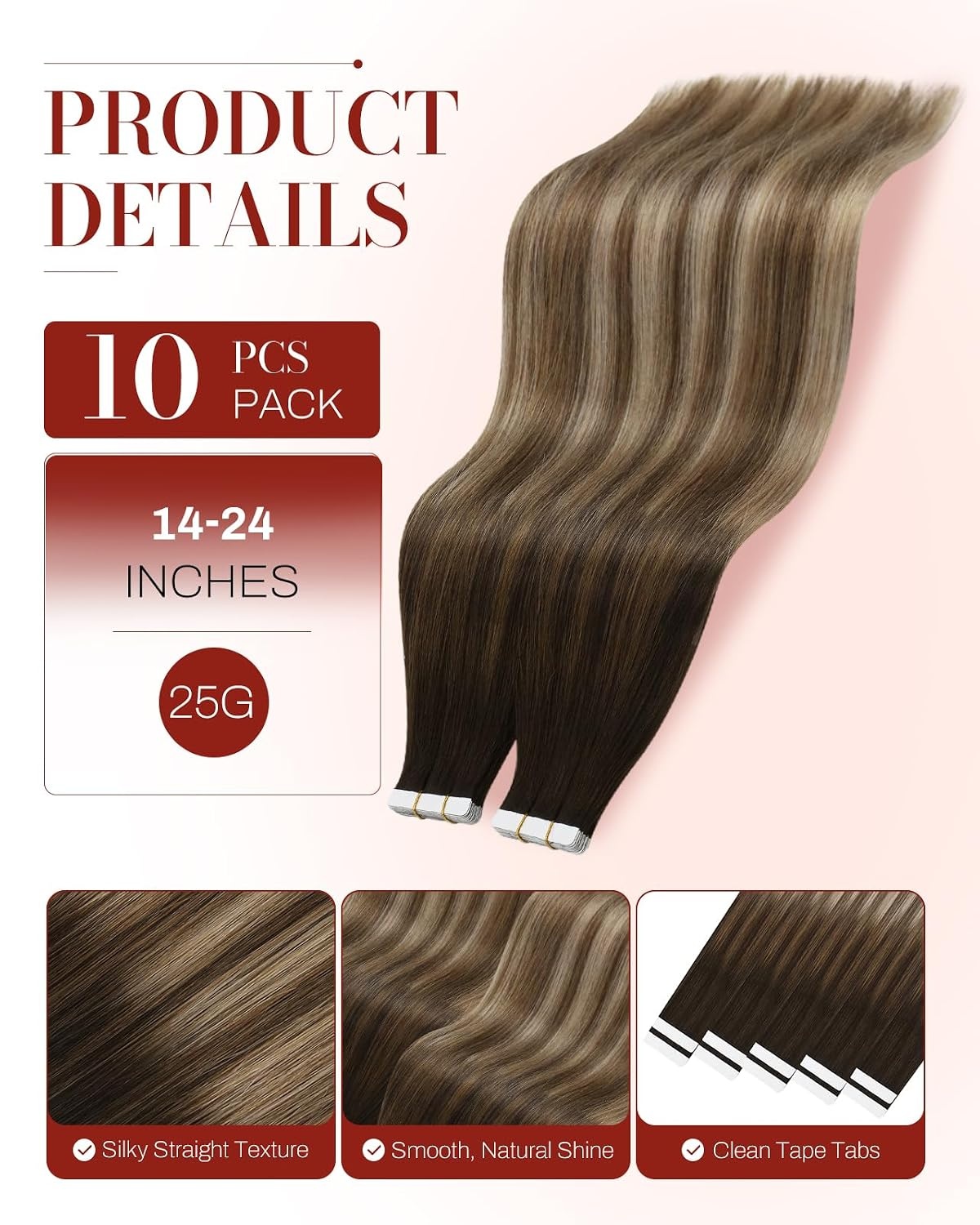 image:imageMoresoo Dark Brown Beige Blonde Tape Extensions with 36 Tape Tabs Bundle Dark brown and beige blonde human hair tape ins with 36 replacement tabs for partial volume flat placement and easy retaping