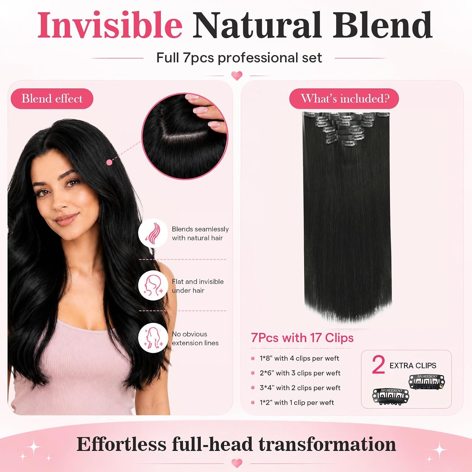 image:imageMoresoo Jet Black and Natural Black Clip in Hair Extensions 18 Inch Bundle Jet black and natural black clip in human hair 120g 7pcs each 18 inch length seamless PU weft PU skin weft daily styling