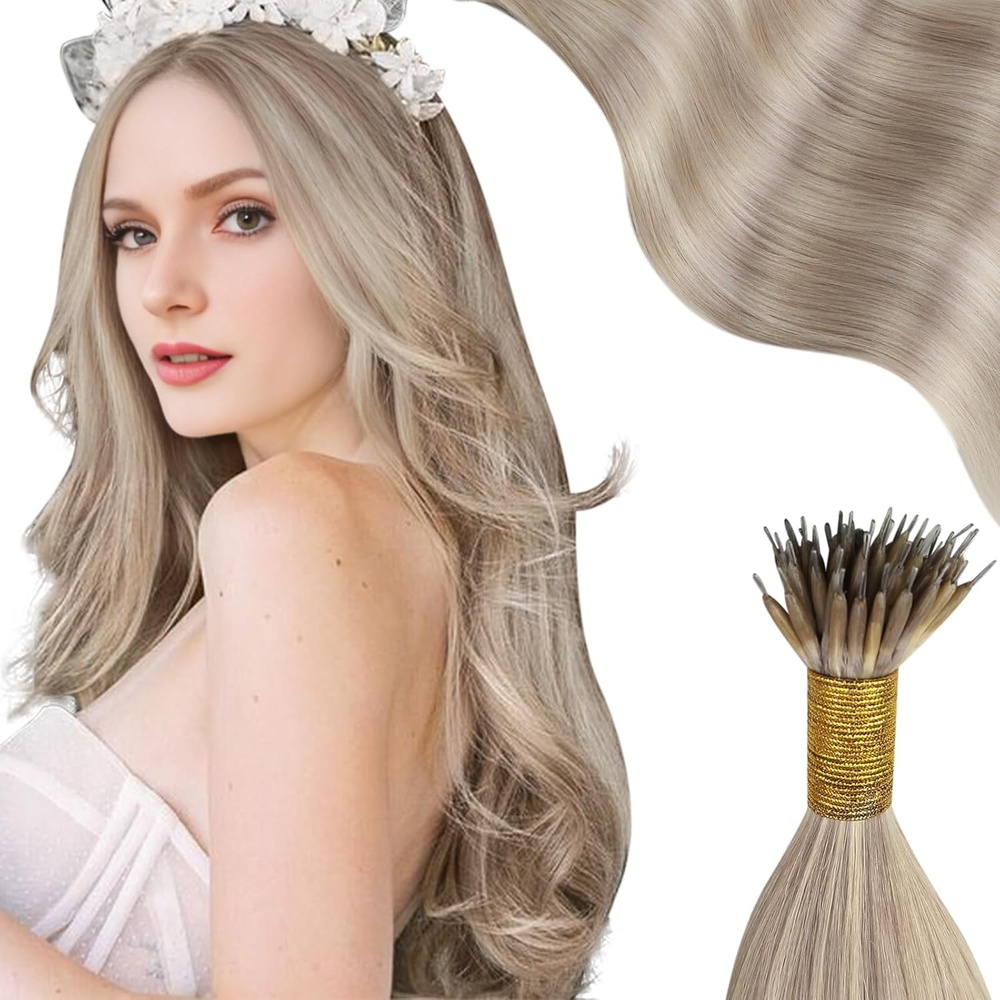 image:imageMoresoo 100g Micro Bead Hair Extensions Real Human Hair Bundle Nano Bead Hair Extensions Human Hair Ash Blonde Highlight Bleach Blonde 18613 14 inch