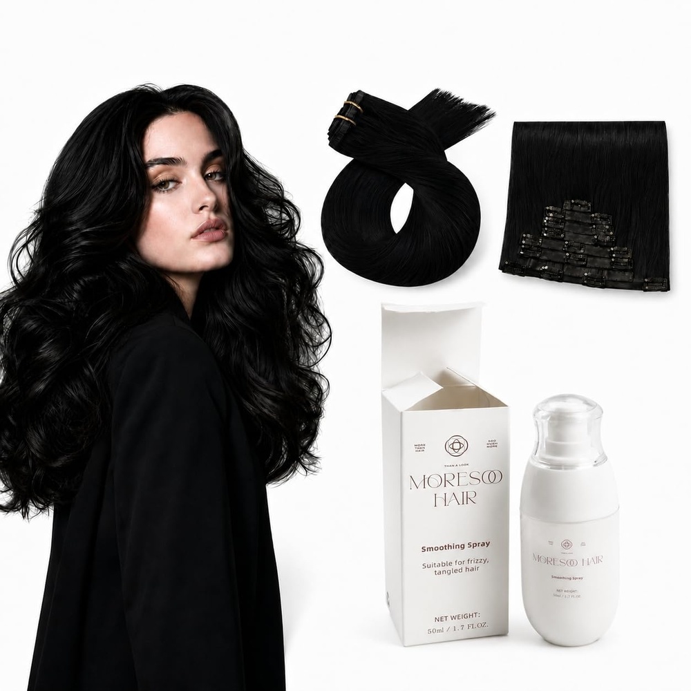 image:imageMoresoo Jet Black Clip in Extensions 18 Inch with Smoothing Spray Bundle  Jet black clip in human hair 120g 7pcs seamless PU weft 18 inch length 50ml smoothing spray daily detangling care