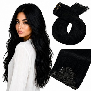 Moresoo Jet Black and Natural Black Clip in Hair Extensions 18 Inch Bundle | Jet black and natural black clip in human hair, 120g 7pcs each, 18 inch length, seamless PU weft, PU skin weft, daily styling