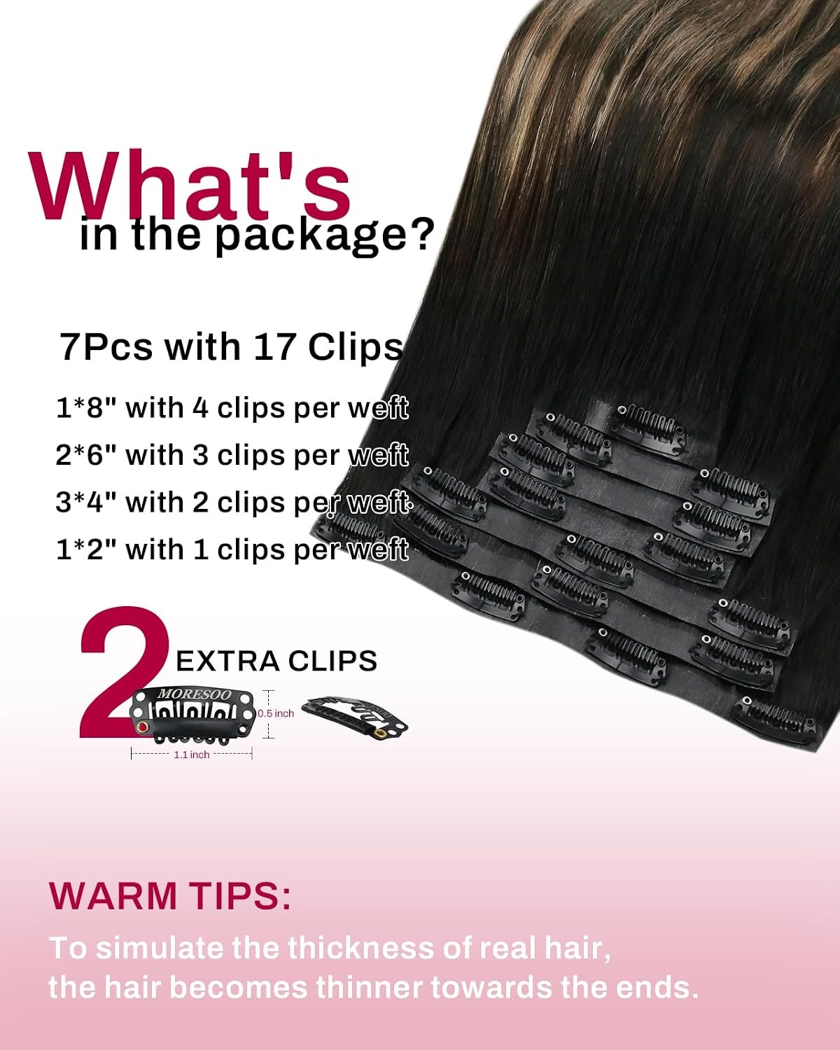 image:imageMoresoo 1B327 20inch Bundle Semless Clip in Hair Extensions Real Human Hair Natural Black to Mocha Brown Clip in Hair Extensions Full Head 2packs