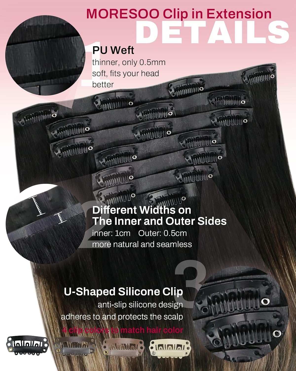image:imageMoresoo 1B327 20inch Bundle Semless Clip in Hair Extensions Real Human Hair Natural Black to Mocha Brown Clip in Hair Extensions Full Head 2packs